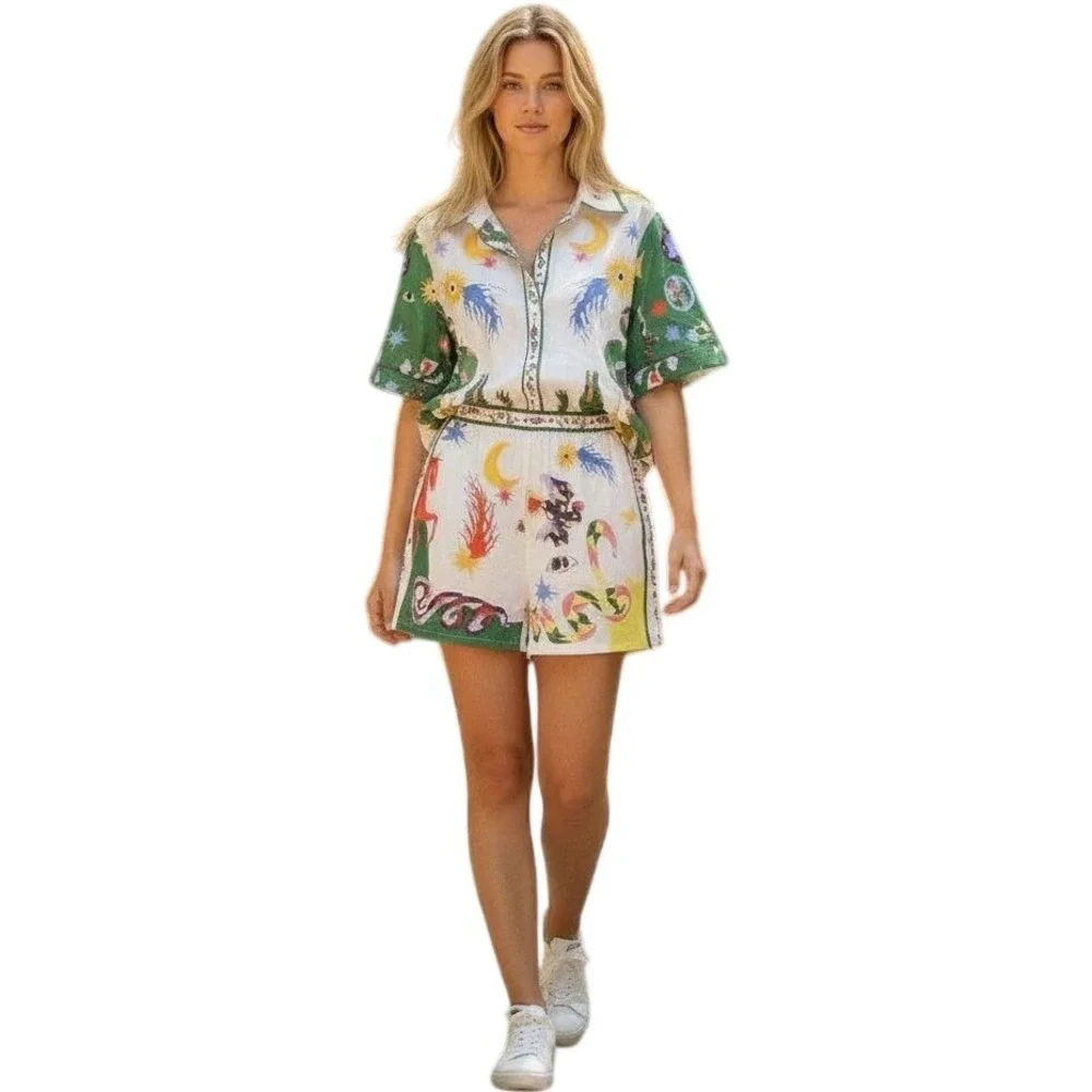 Endless Moon Women Celestial Mythical Print Shirt and Shorts Set Small NEW